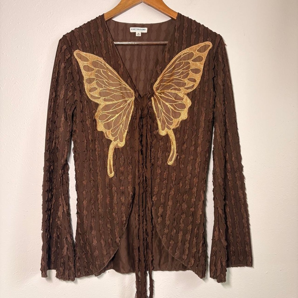 Earthbound Butterfly Cardigan Tie Front Chocolate Brown Bell Sleeve Sz M